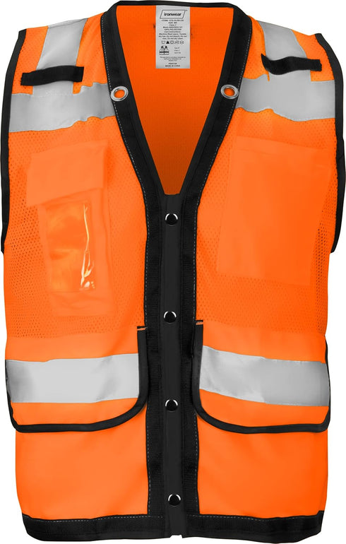 Ironwear 1279-OS-RD-CID-2-MD ANSI Class 2 Polyester SAFETY Vest with Snaps, Clear ID Holder, & 2" Silver Reflective Tape, Orange, Medium...