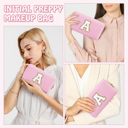 Personalized Initial Preppy Patch Makeup Bag, Small Travel Pink Cute Cosmetic Pouch Makeup Organizer Toiletry Zipper Pouch, Monogram Waterproof PU...