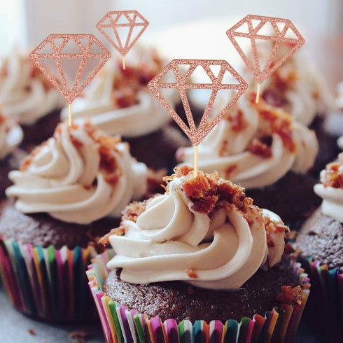 50 Pack Rose Gold Glitter Diamond Donut Ring Cupcake Topper Picks for Engagement Bridal Shower Party Cake Decorations...