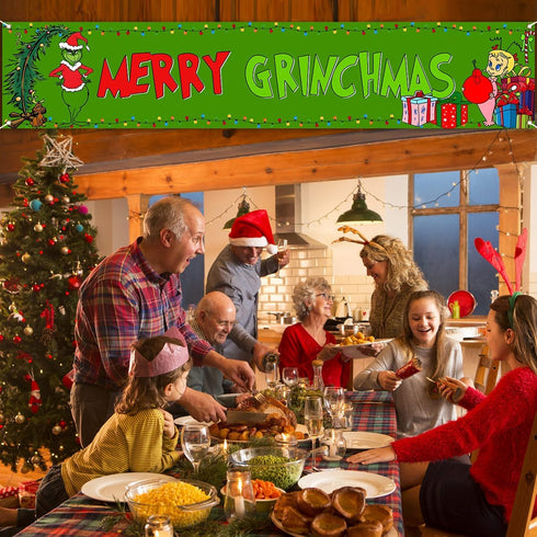 Nepnuser Grinchmas Fence Banner Christmas Green Elf Winter Holiday Party Decoration Xmas Large Home Garden Outdoor Yard Hanging Sign-1.6 * 8.2ft (...