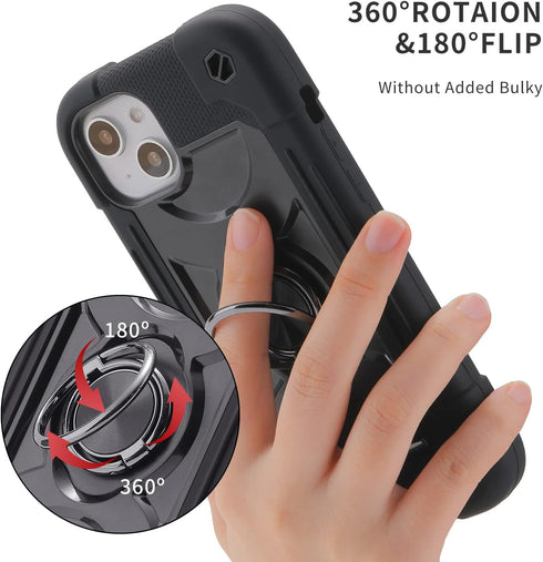 for iPhone 14 Plus Case 6.7 Inch with Ring Stand, with 2 Pack Glass Screen Protector + 1 Pack Camera Lens Protector,Heavy-Duty Shockproof Military...