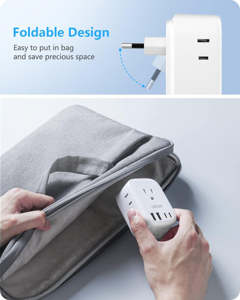 European Travel Plug Adapter, LENCENT International Type-C Foldable Power Plug with 4 Outlets, USB C Charger Adaptor, US to Most of Europe EU Icel...
