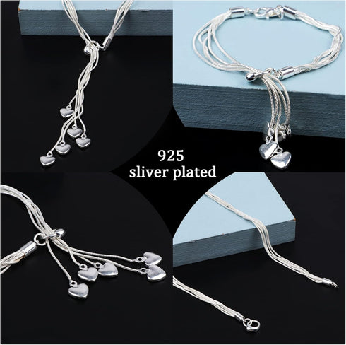 Droutti 3 Pack Italian Silver Heart Chain Necklace for Women, Long Five-line Chain Heart Love Line Necklace Link Chain Bracelet Heart Earring Jewe...