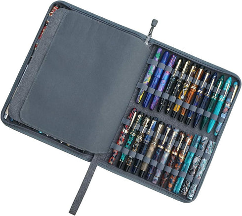 48 Slots Gray Fountain Pen Case, Canvas Pen Holder Display Pouch Bag Storage Large Capacity Water Resistant...