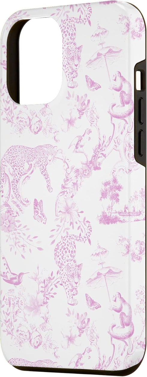 iPhone 15 Pro Max French Pink Toile Chinoiserie with Flowers, Monkey, Leopards Case...