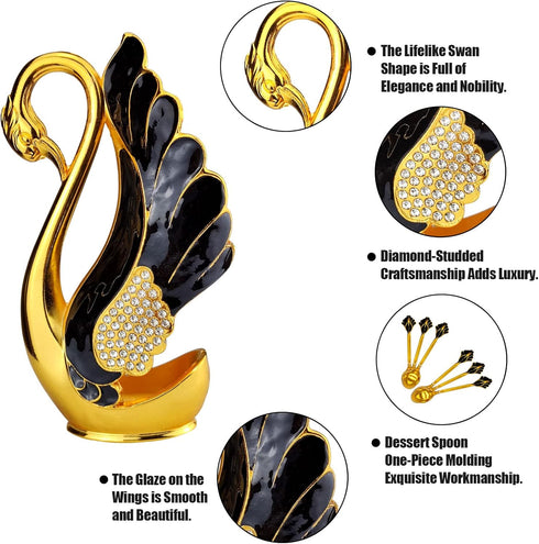 Swan Base Holder with 6pcs Coffee Dessert Dinner Spoon Set, Metal Coffee Spoon Organizer Teaspoon Fruit Dessert Flatware Sugar Ice Cream Spoons (G...