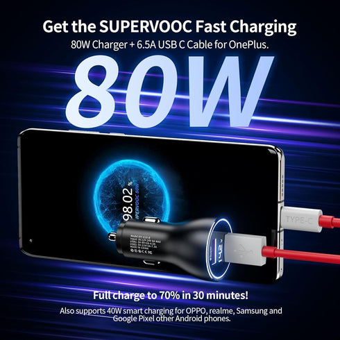 Car Charger SuperVOOC 80W for OnePlus 12R 12 11 10t 10 Pro, SuperVOOC Warp Charger for OnePlus Open Pad Nord 9 Pro 8 7T 6 6T 5 5T LED Display Dual...