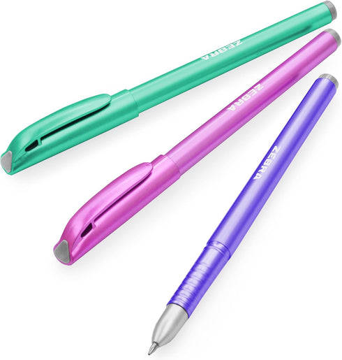 Zebra ZGE Gel Ink Stick Pens - Metallic Barrel - 0.7mm - Metallic Set - Green, Pink, Violet - Pack of 3...