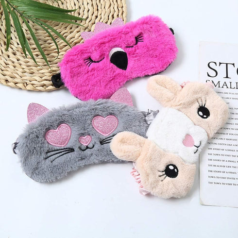 4 Pack Sleeping Mask for Girls Soft Plush Blindfold Cute Rabbit Pig Flamingo Cat Sleep Masks Eye Cover Eyeshade for Kids Teens Women Plane Travel ...