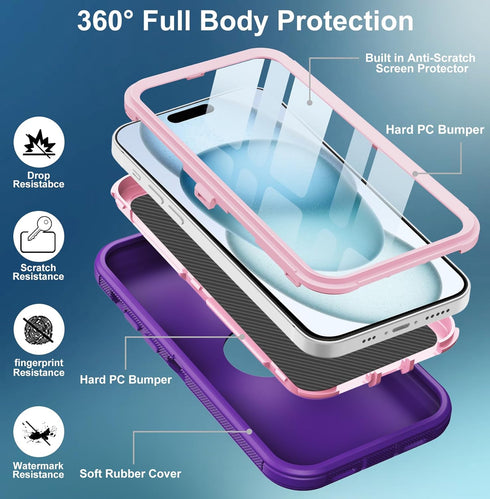 for iPhone 15 Plus Case, with Built in Screen Protector Heavy Duty Drop Protection, Full Body Rugged Shockproof Dust Proof Protective Phone Cover ...