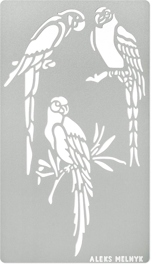 Aleks Melnyk No.472 Metal Stencil, Bird on Tree Branch, Parrots, Wild Animal, Small Stencil, 1 PC, Template for Wood Burning, Engraving, Crafting,...