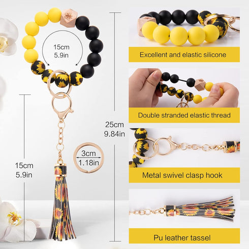Silicone Keychain Beaded Wristlet Key Ring Bracelet,Beaded Keychain with Leather Tassel for Women…...