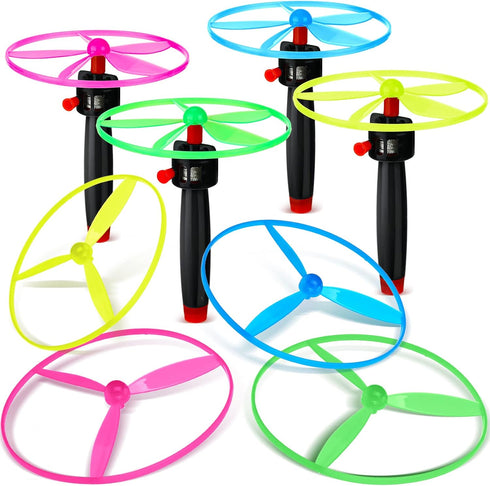 Flying Disc Helicopter Toy Disco Flyers Include 12 String Launchers and 24 Flying Saucer Flying Disc Launcher Toy Flying Toys for Little Teens Out...