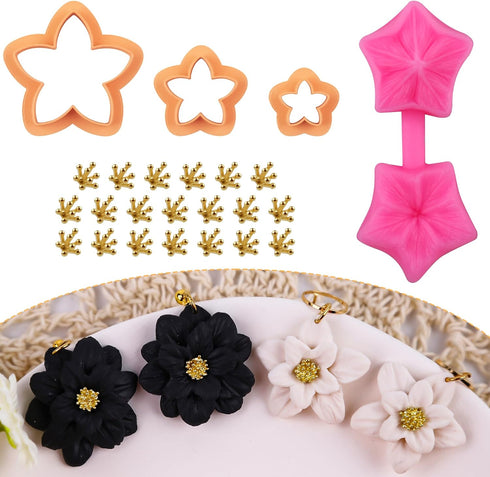 Puocaon Flower Polymer Clay Cutters - 3 Pcs Flower Clay Cutters for Polymer Clay Jewelry, 2 Pcs Plumeria Flower Texture Molds, 20 Flower Pistil Br...