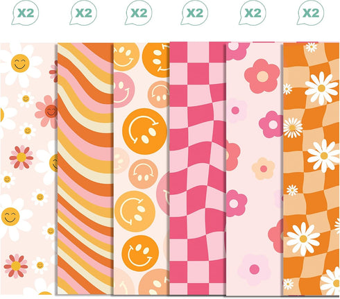 12 Sheets Boho Wrapping Paper Retro Groovy Gift Wrap Paper, Smiley Face Floral Daisy Pattern Wrapping Paper for Baby Shower Birthday Wedding DIY C...