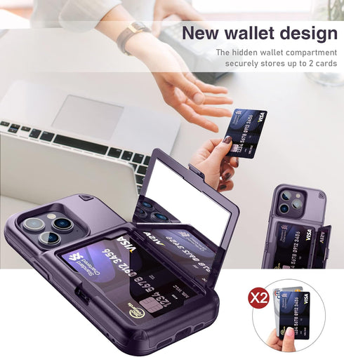 WeLoveCase iPhone 14 Pro Case for Women, Men Defender Credit Card Holder Cover with Hidden Mirror, Three Layer Shockproof Heavy Duty Protection Ca...
