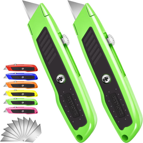 Jetmore 2 Pack Box Cutter Utility Knife with Extra 10 SK5 Blades & Anti-slip Rubber Handle, Box Cutter Retractable, Portable Box Opener Razor Knif...