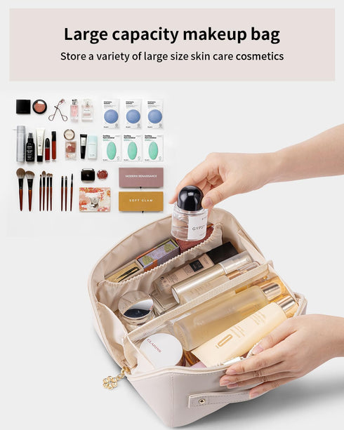 Vlando Travel Makeup Bag,PU Leather Portable Make up Bag Toiletry Bag for Women Open Flat Makeup Organizer with Divider and Handle White...