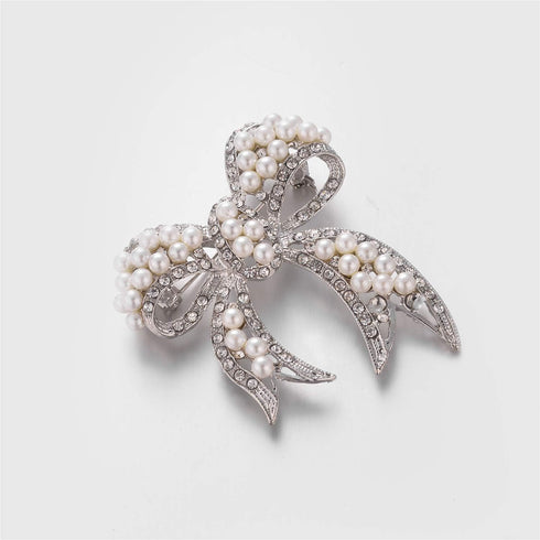Nicole Miller Silver White Round Pearls Ribbon Clear Rhinestones Brooches and Pins...