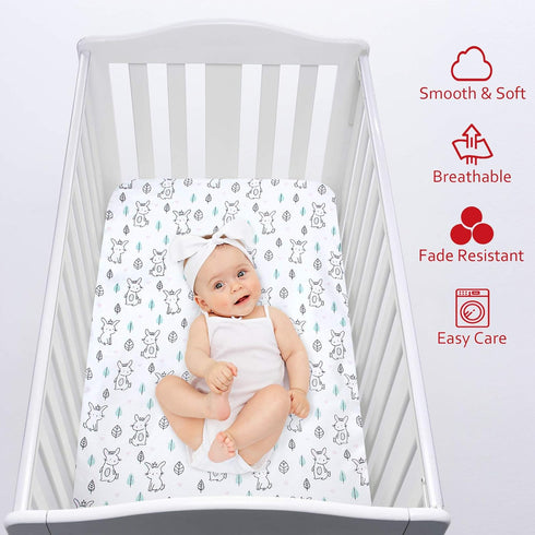 Pack and Play Sheets Fitted Mini Crib, Breathable Microfiber Stretchy Playard Sheets Fit for Graco Pack and Play, Lovely Bunny Mini Crib Fitted Sh...