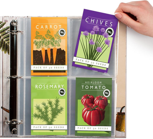 Seed Storage Organizer Sleeves (50 Pack) 4 Pocket Garden Seed Organizer, Slot Size 3.5x5" Clear Sleeves for Seed Packet Storage, Seed Keeper, Seed...