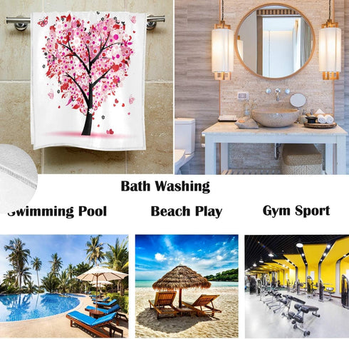 Pink Flowers Heart Tree Hand Towels 16x30 in Romantic Love Spring Trees Butterfly Bathroom Towel Ultra Soft Absorbent Small Bath Towel Kitchen Dis...