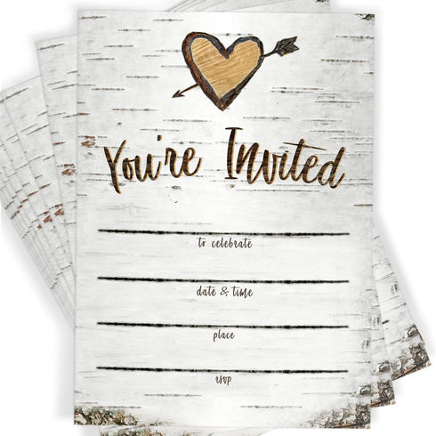 Printed Party Fill-in Invitations and Envelopes, Rustic Birch, Set of 25...