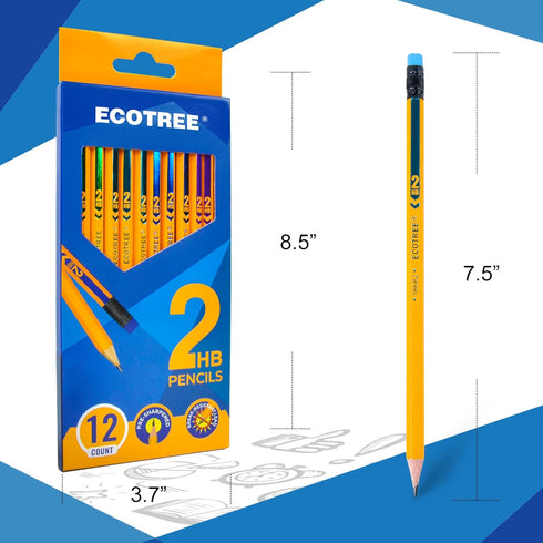 ECOTREE Pencils #2 Wood-Cased HB Pencils, Pre-sharpened Number 2 Pencils for Office School Supplies, Yellow, 12 Count...