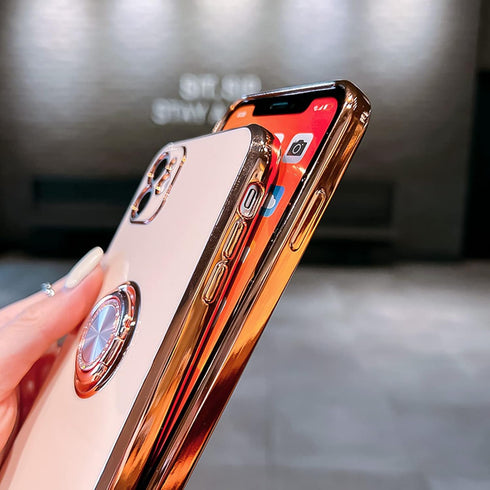 Case for iPhone 15 Pro Max Ring Holder Case with Diamond Shiny Plating Rose Gold Edge Built-in 360 Rotation Magnetic Kickstand for Women Girls Sli...