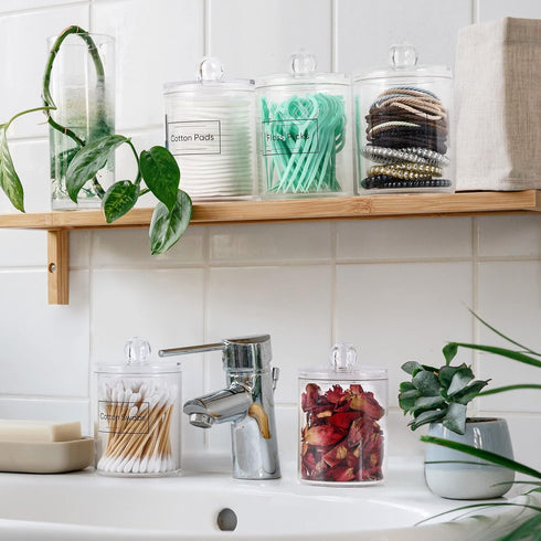 6 Pack Qtip Holder Dispenser for Cotton Ball, Cotton Swab, Cotton Round Pads, Floss - Clear Plastic Apothecary Jar Set, Bathroom Canister Storage ...