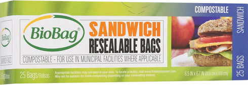 BioBag 100% Certified Compostable Resealable Sandwich Bags, 25 Count, Perfect for Lunches, Snacks, and On The Go Green...