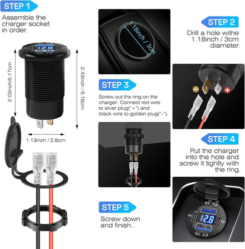 2Pcs 12V/24V Outlet with Voltmeter& ON/Off Switch, Quick Charge 3.0 Dual USB Power Outlet, Waterproof Fast Charge USB Charger Socket DIY Kit for C...