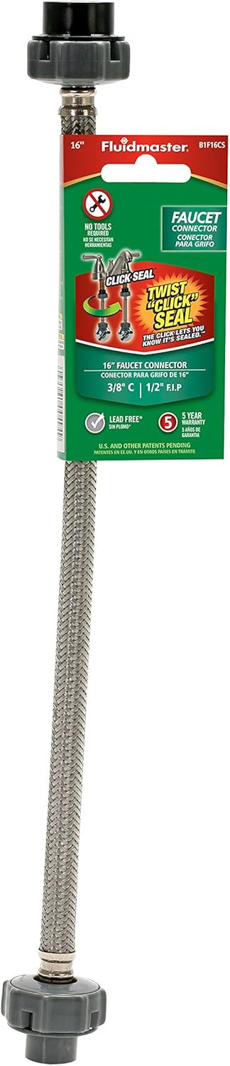 Fluidmaster B1F16CS CLICK SEAL Faucet Connector, Braided Stainless Steel - 3/8-Inch Compression Thread x 1/2-Inch F.I.P. Thread, 16-Inch Length...