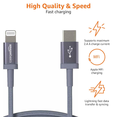 Amazon Basics USB-C to Lightning Charger Cable, Nylon Braided Cord, MFi Certified Charger for Apple iPhone 14 13 12 11 X Xs Pro, Pro Max, Plus, iP...