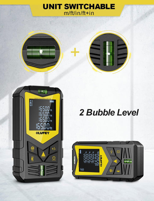 Laser Measure, OLUFEY 165ft Laser Distance Meter with 2 Bubble Levels, Black LCD Display and Pythagorean Mode, Measure Distance, Area and Volume...