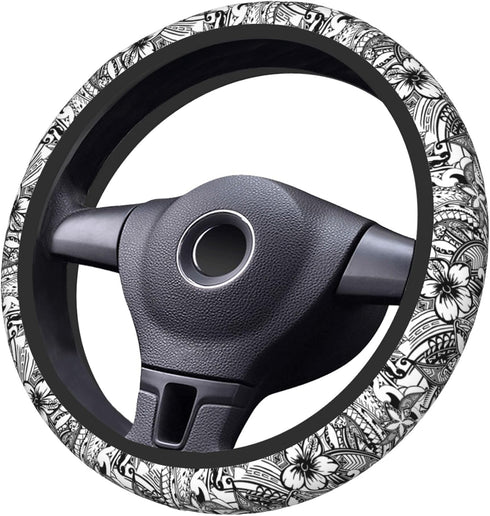 Hawaiian Polynesian Tribal Tatoo Car Steering Wheel Cover for Women Men 14-15 Inch Stretch Cloth Anti-Slip Wrap Protector Case Fit Universal Auto ...