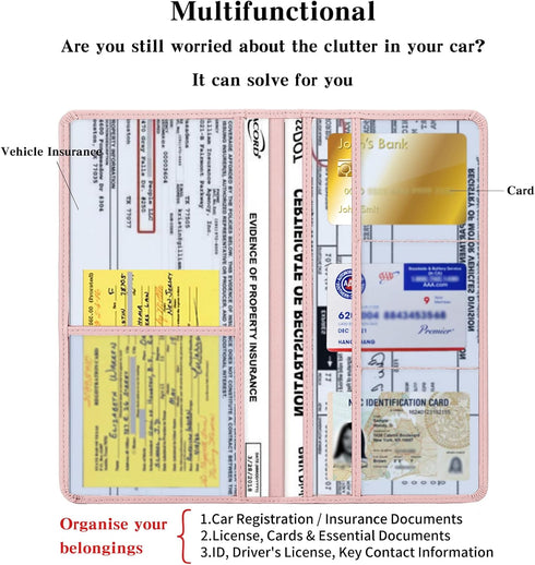 Leather Car Registration and Insurance Card Holder, Car Document Holder for Cards License with Magnetic Shut (Pink, large)...