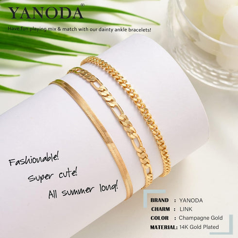 YANODA 3Pcs Gold Ankle Bracelets for Women Dainty 14k Gold Plated Layering Anklets Set Adjustable Fashion Link Chain Ankle Bracelet Adjustable Bea...