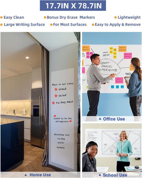 Nicpro 2 Pack Dry Erase Whiteboard Sticker Wall Decal, 17.7" X 78.7"(6.5 ft) Self-Adhesive White Board Peel Stick Paper to Do List with 6 Color Wa...