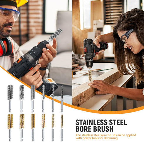 12 Pcs Bore Brush for Drill, Variety of Size Stainless Steel Cleaning Brush, Power Drill Impact Driver Pipe Hex Drill Shank Drill Wire Brush Set f...