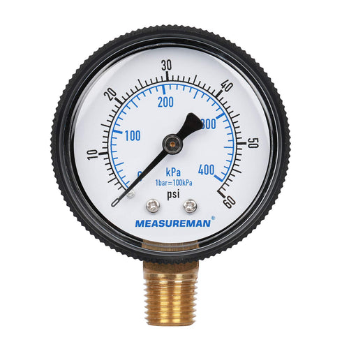 Measureman 2" Swimming Pool Pressure Gauge, 1/4"NPT Lower Mount, 0-60psi/kpa, Plastic Case...