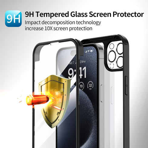 seacosmo for iPhone 15 Pro Case, Full-Body Protective with Built-in Tempered Glass Screen Protector + Camera Lens Protector, Military Grade Protec...