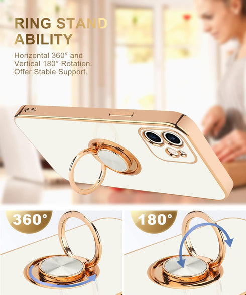 for iPhone 12 Phone Case with 360° Rotatable Finger Ring Holder Kickstand Magnetic Shiny Gold Plated Edge for Women Men Shockproof Soft TPU Protec...
