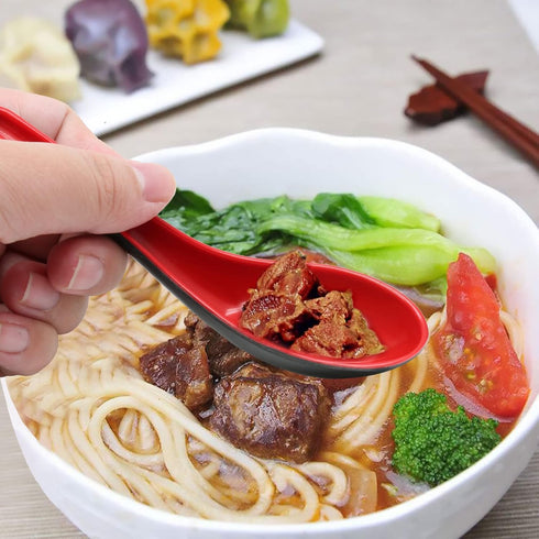 2PCS Asian Soup Spoons, Chinese Japanese Miso Ramen Wonton Dumpling Pho Rice Noodle Soba Soup Spoons, Red and Black Melamine Spoons...