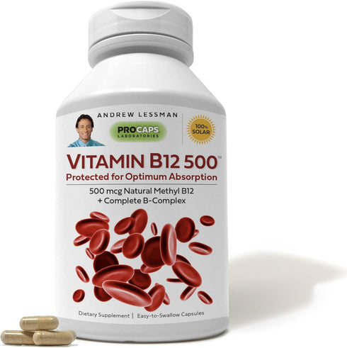 ANDREW LESSMAN Vitamin B12 60 Capsules – Methylated B12 Methylcobalamin 500 mcg Plus B-Complex Supplement, Absorption-Protected Natural B12 for En...