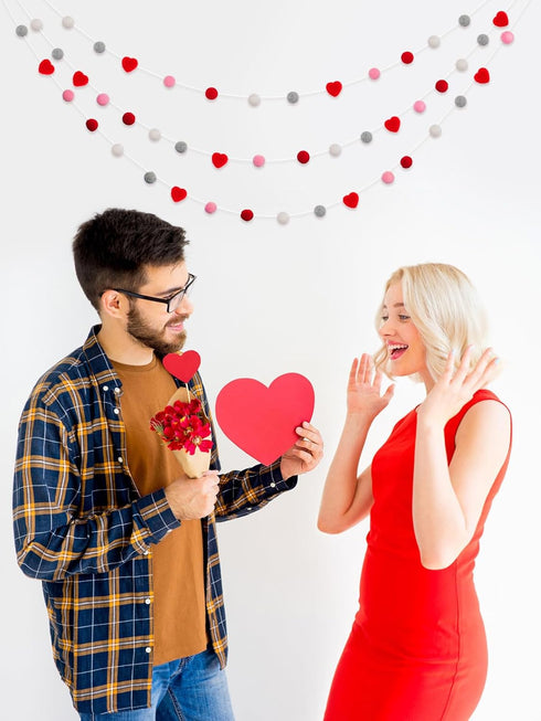 3 Pcs Felt Ball Heart Garlands - Felt Pom Pom Heart Hanging Ornaments for Anniversary, Wedding, Party Decors, Memorial Gifts, Grey White Red...