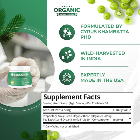 Amla Powder & Decaf Green Tea Superfood Supplement, 20x Ultra Concentrated Amla, Oolong Tea and Indian Gooseberries, Organic, Vegan, 90 Servings...