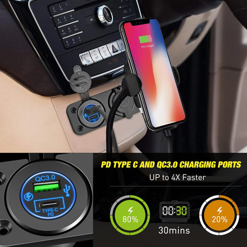 Nilight QC 3.0 USB Charger and Cigarette Lighter Socket Pre-Wired 12V-24V Dual USB Car Charger with Cigar Lighter Power Socket for Cars Trucks......