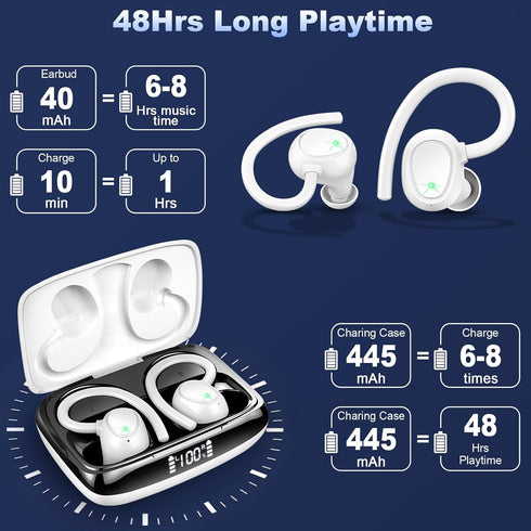 Wireless Earbud, 48Hrs Bluetooth 5.3 Headphones Over Ear IP7 Waterproof, Sports Wireless Earphones in Ear with Dual LED Display, Stereo Bass Over ...