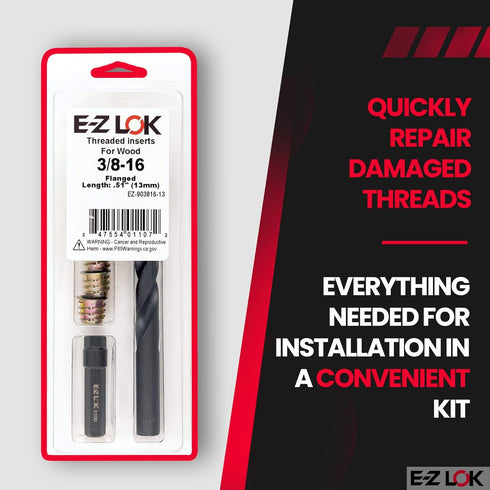 E-Z Hex Thread Repair Kit for Soft Wood Flanged Threaded Inserts 3/8-16 x 13mm, Drill, Installation Tool...